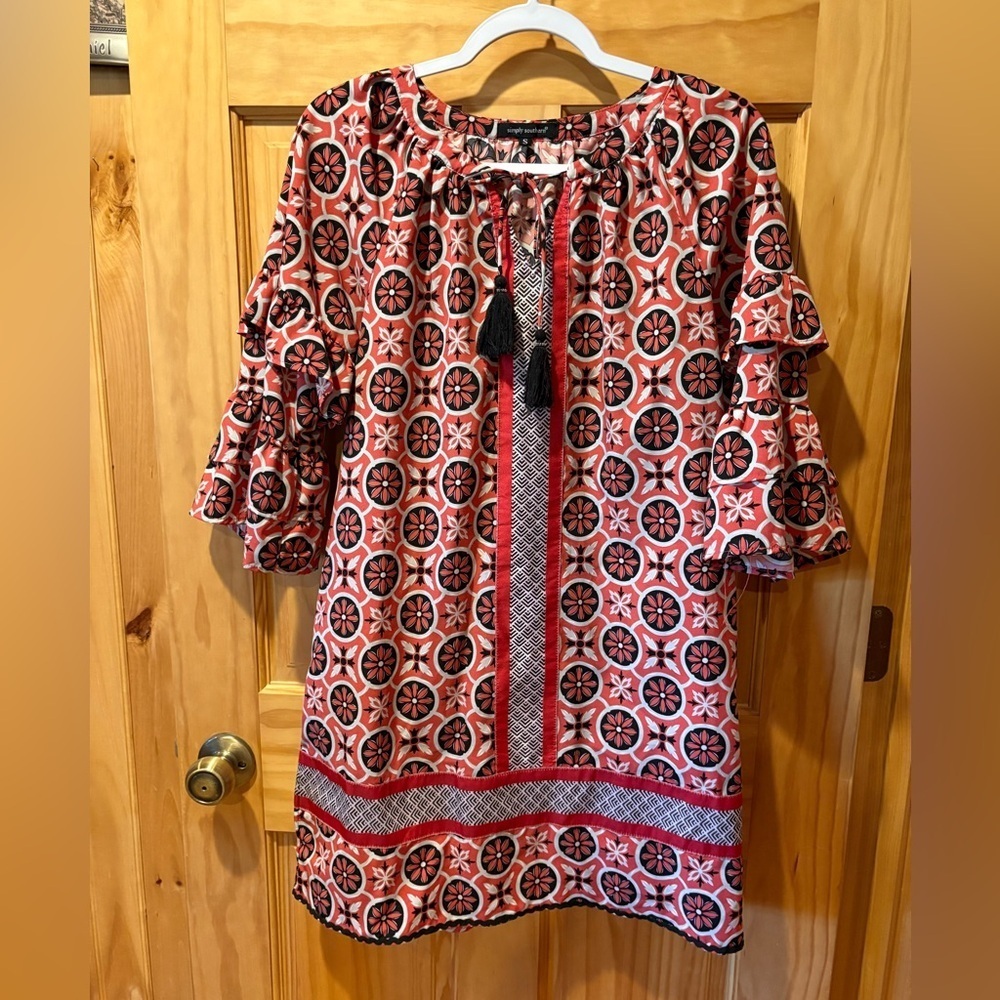 Simply Southern women's tunic dress “ tassels beaded Bell sleeves  women’s S